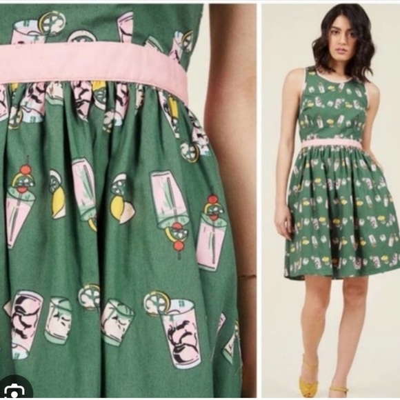 ModCloth Pink Lemonade Dress Green Background Tie Back Medium - Picture 6 of 6